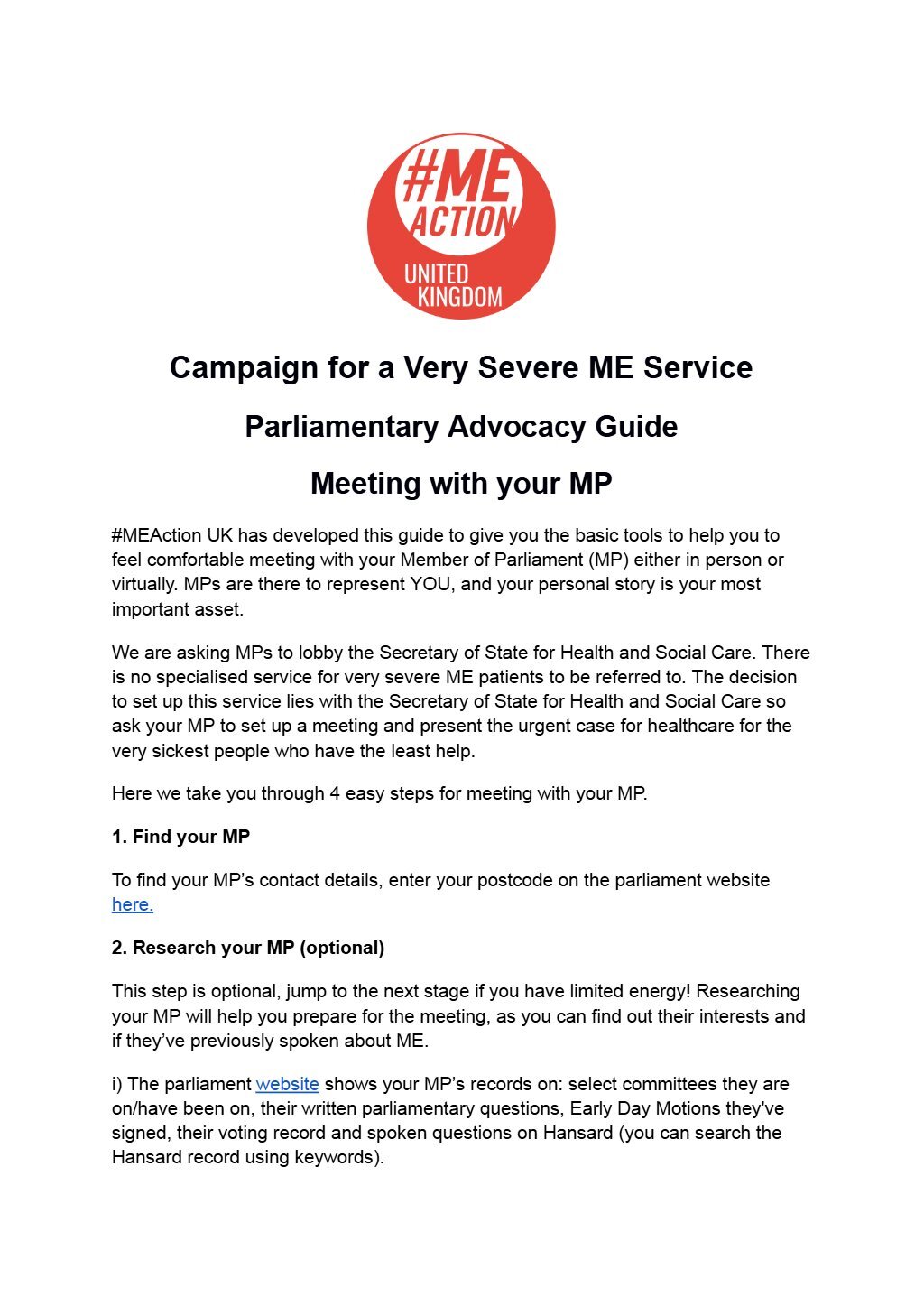 Campaign for a Very Severe ME Service Parliamentary Advocacy Guide  Meeting with your MP